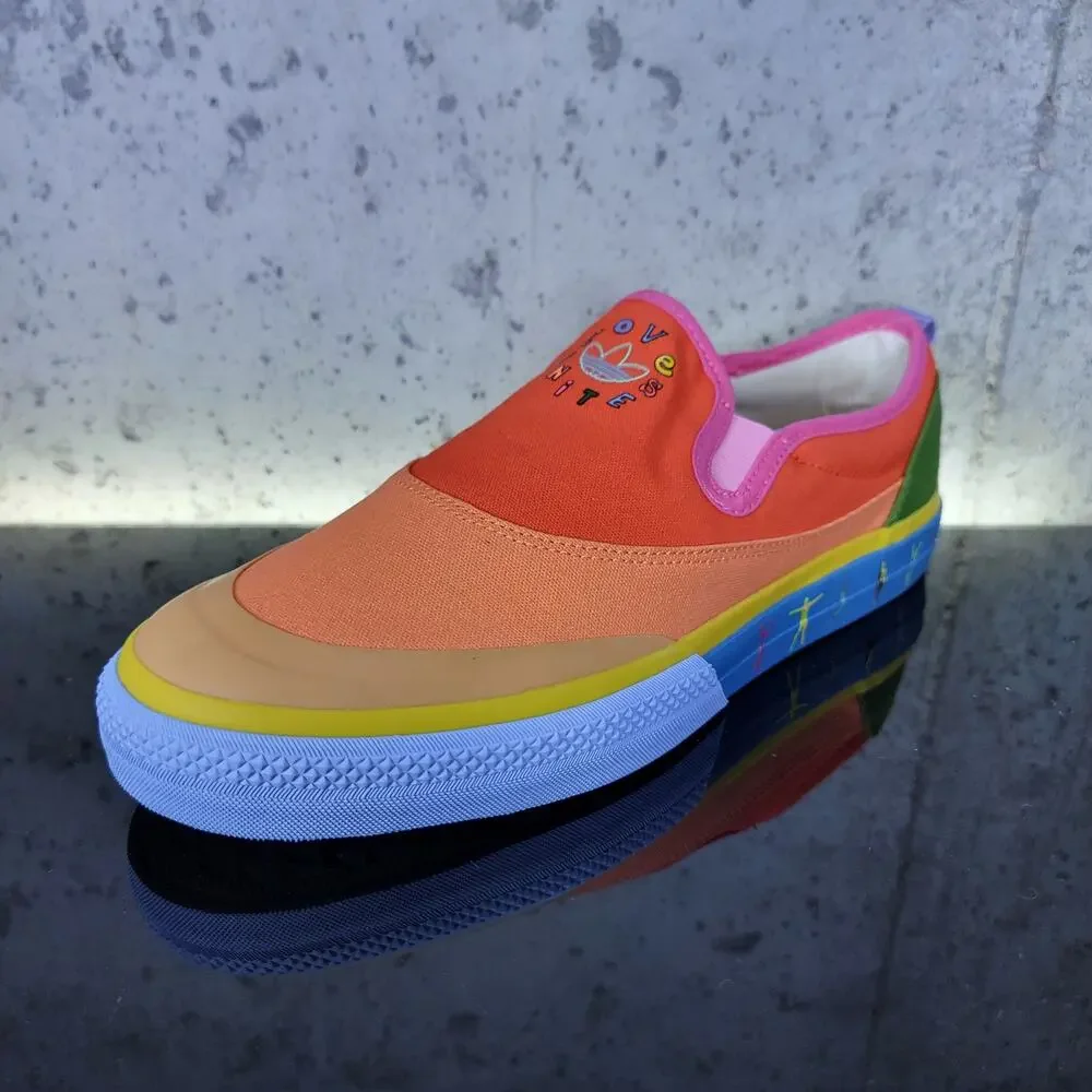 New Adidas Nizza Pride Men's Size 10.5 Slip On Sneakers, GW2421, Love Unites Sho